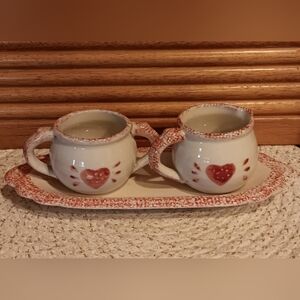 Vintage Loomco China Stoneware Heart Sponge Stamped Creamer & Sugar Bowl Set